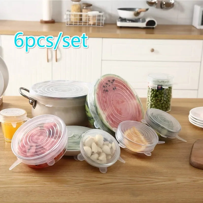6Pcs Silicone Fresh-keeping Cover Reusable Stretch Canning Lids Refrigerator Microwave Airtight Plastic Wrap Kitchen Accessories