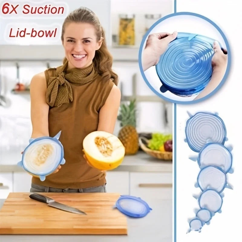 6Pcs Silicone Fresh-keeping Cover Reusable Stretch Canning Lids Refrigerator Microwave Airtight Plastic Wrap Kitchen Accessories